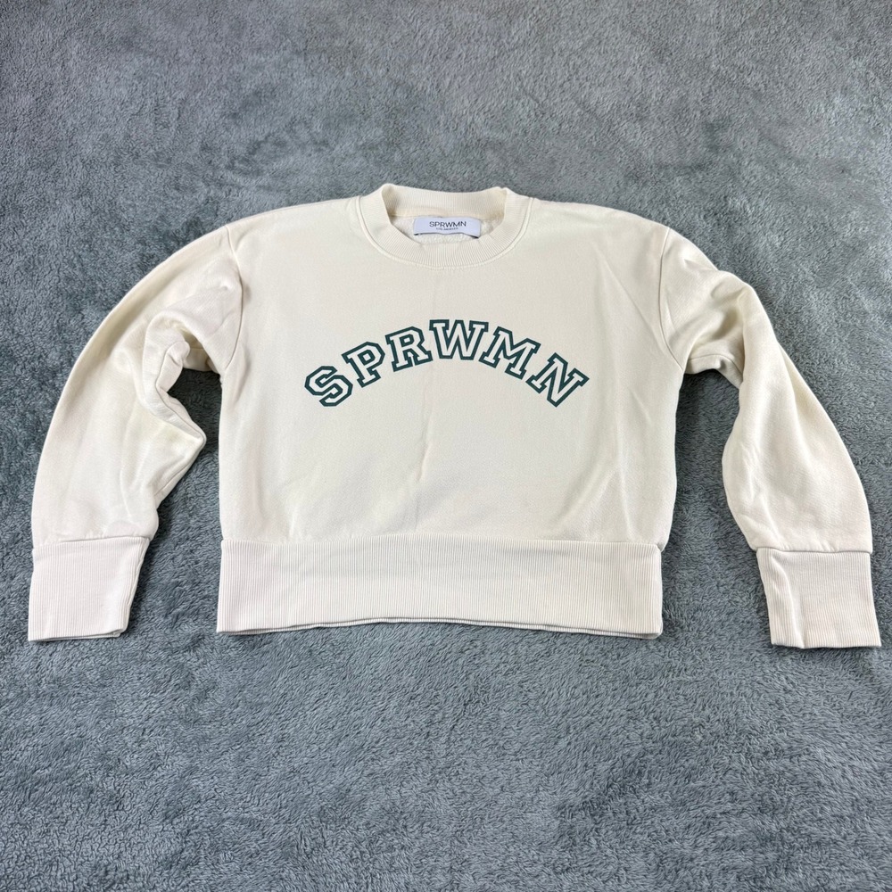 SPRWMN Los Angeles Arched Logo Cropped Sweatshirt Cream Cotton Small Varsity